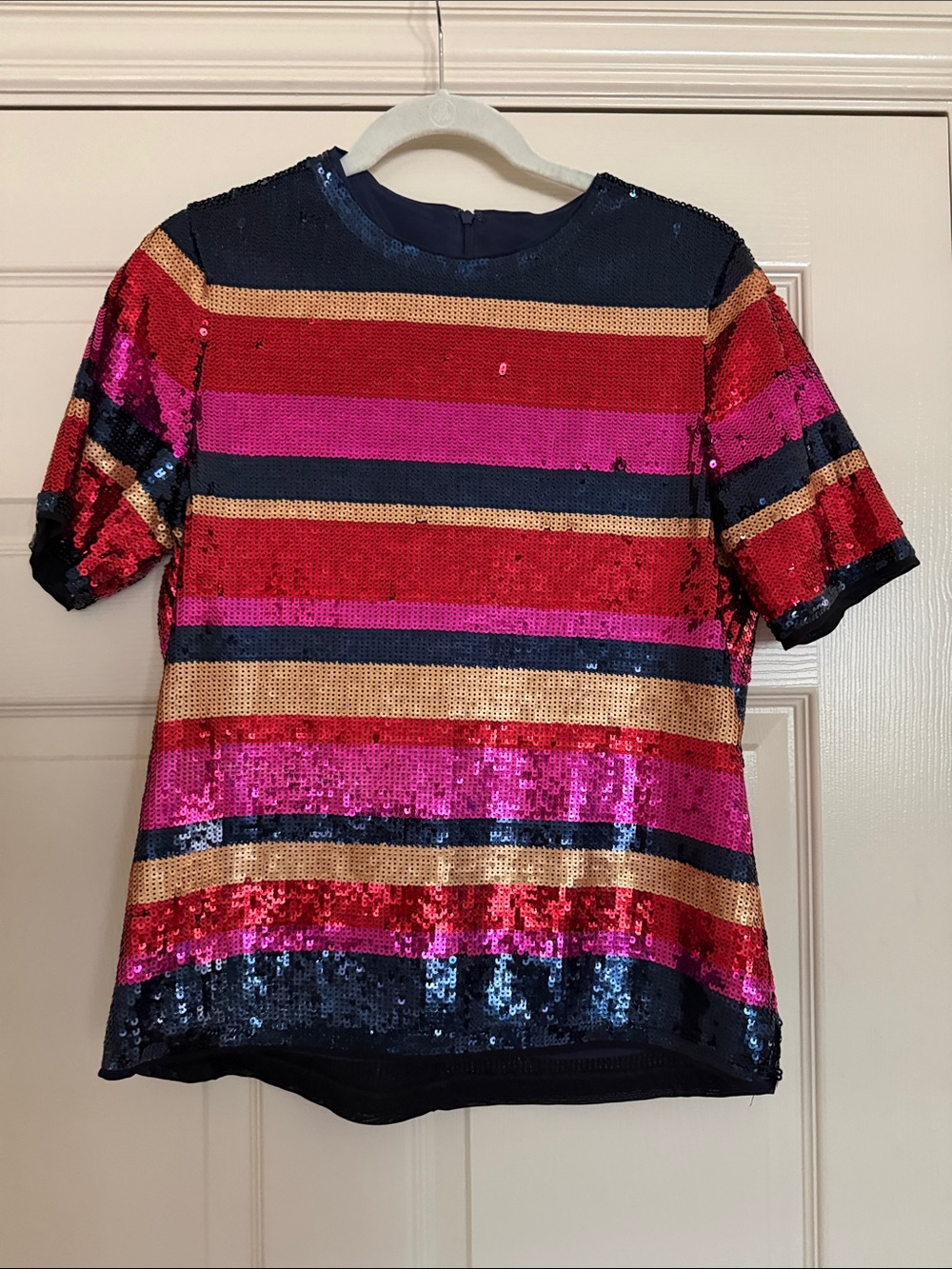 Trina Turk Multicolor Sequin Stripe Tee - Navy, Pink, Red & Gold